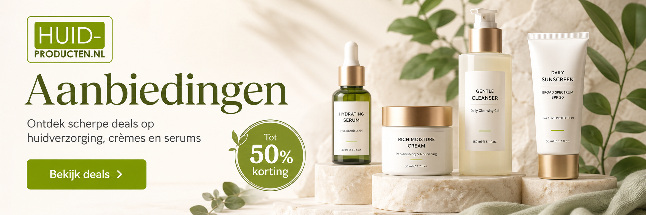Banner met aanbiedingen voor huidverzorgingsproducten van Huidproducten.nl