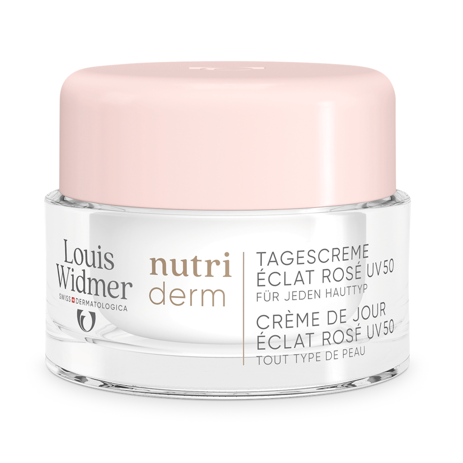 Nutriderm Dagcrème Éclat Rosé UV 50 licht geparfumeerd - Louis Widmer - Huidproducten.nl