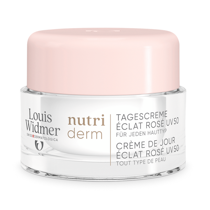Nutriderm Dagcrème Éclat Rosé UV 50 licht geparfumeerd - Louis Widmer - Huidproducten.nl